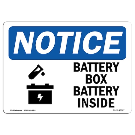 Signmission OSHA Notice Sign, 18" Height, Rigid Plastic, Battery Box Battery Inside Sign With Symbol, Landscape OS-NS-P-1824-L-10307